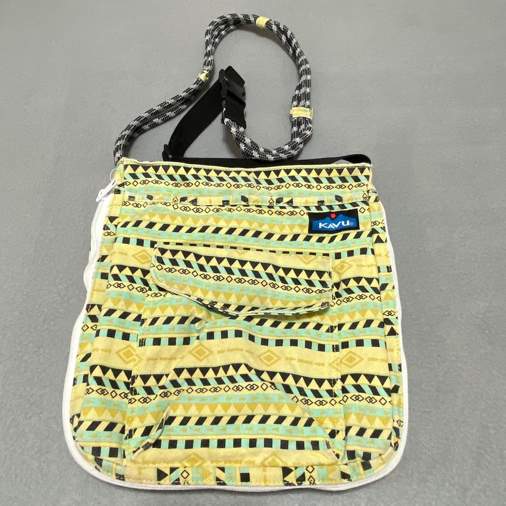KAVU Keeper Crossbody Bag Yellow Turquoise Geometric Tribal Canvas Rope Strap‎